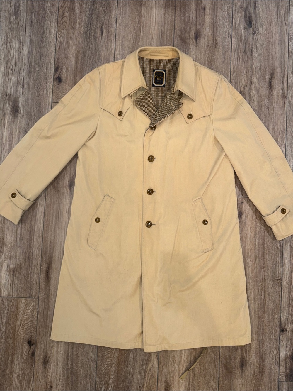 Vintage Christian Dior Men’s Trench Coat 44R Light Tan Vintage Wool Lined Long